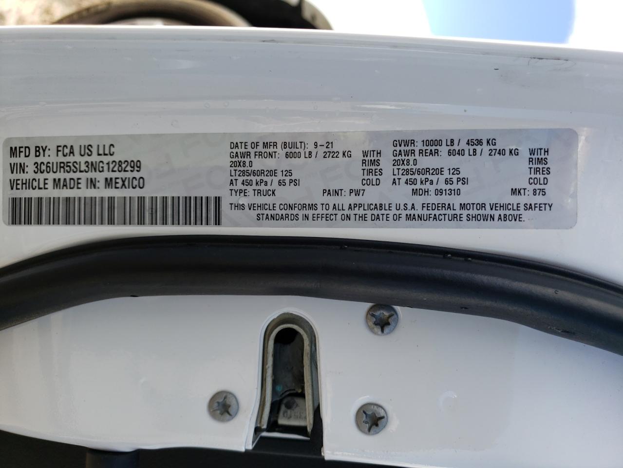 2022 RAM 2500 LIMITED VIN:3C6UR5SL3NG128299