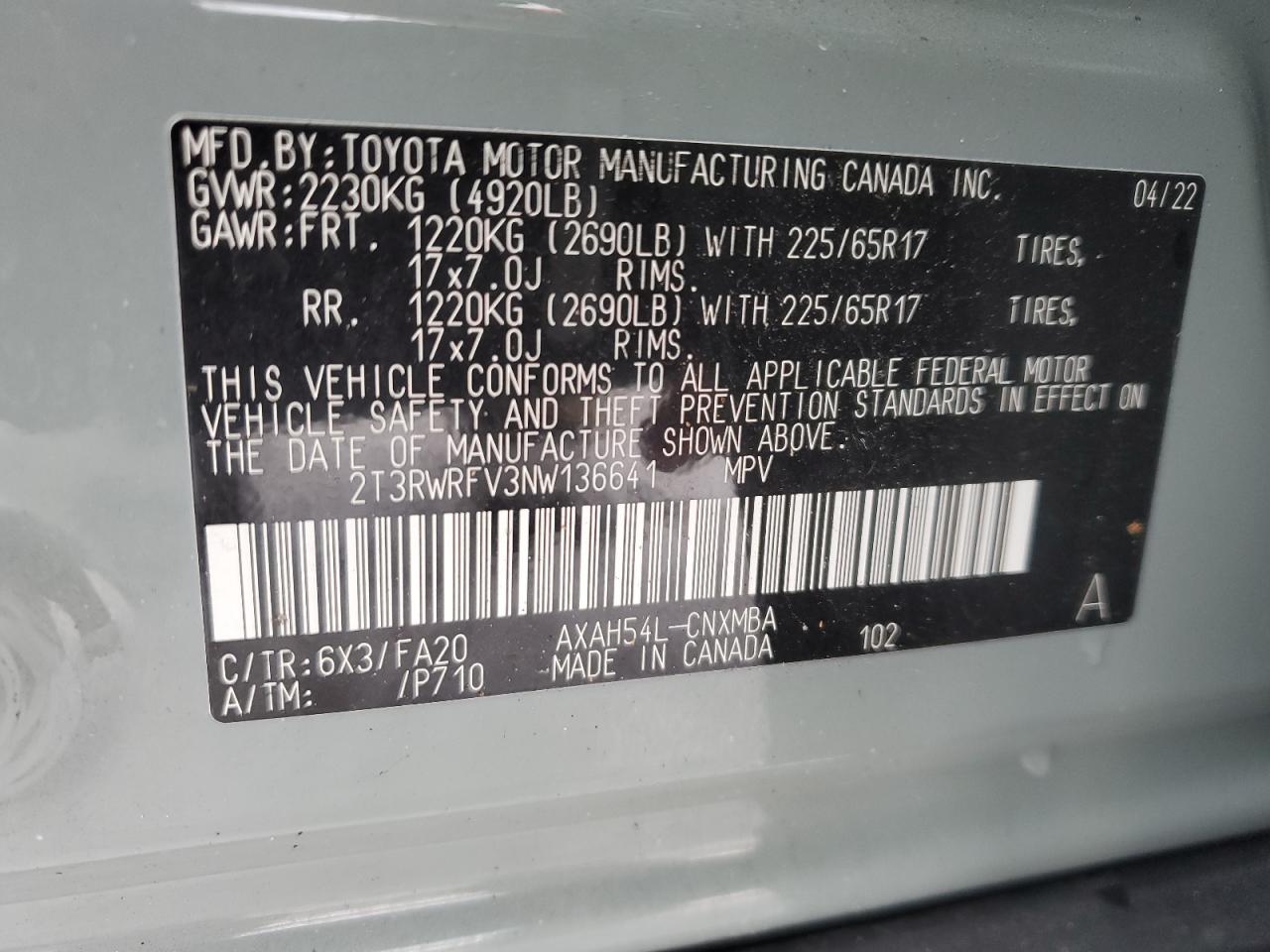 2022 TOYOTA RAV4 XLE VIN:2T3RWRFV3NW136641