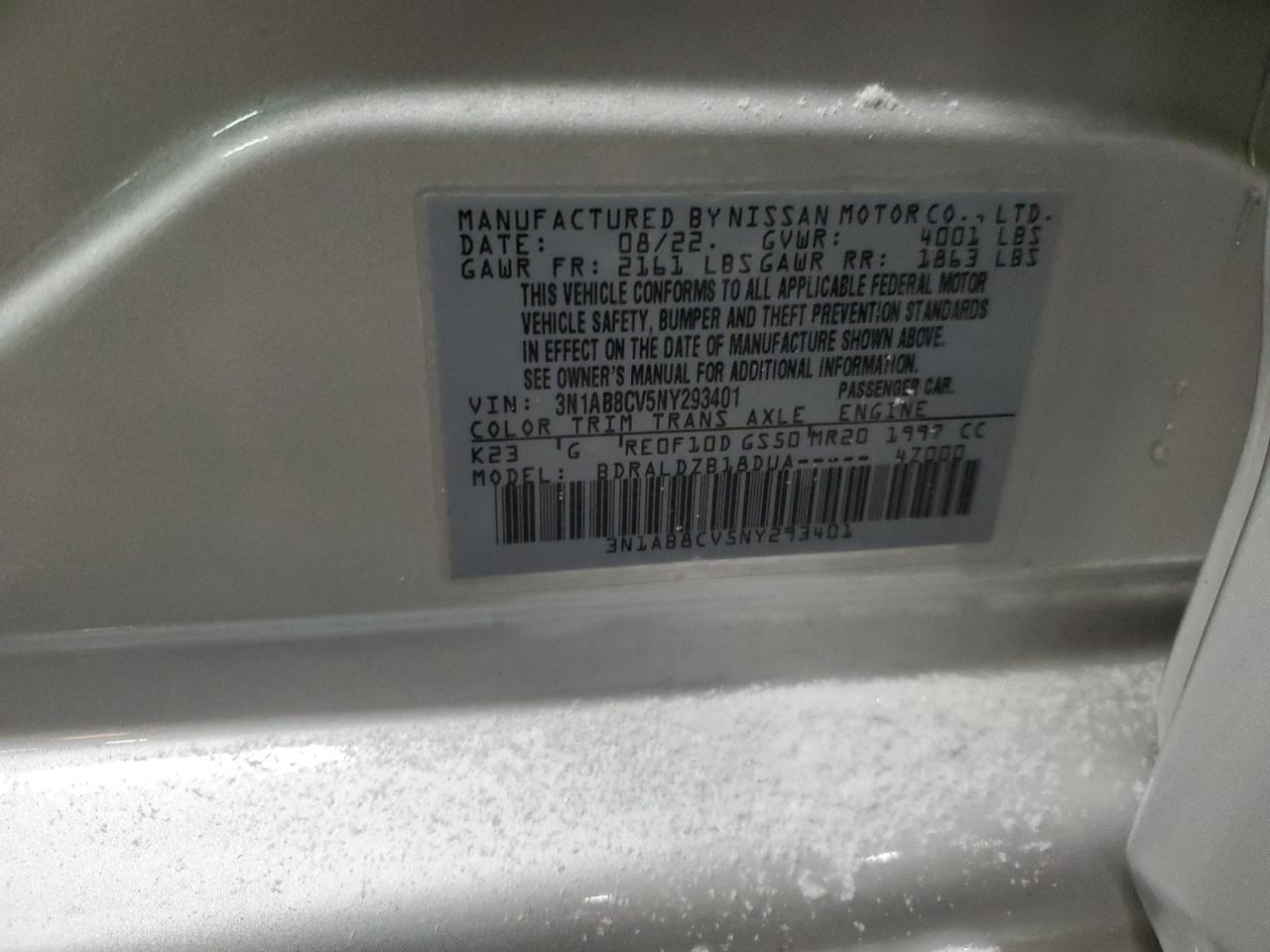 2022 NISSAN SENTRA SV VIN:3N1AB8CV5NY293401