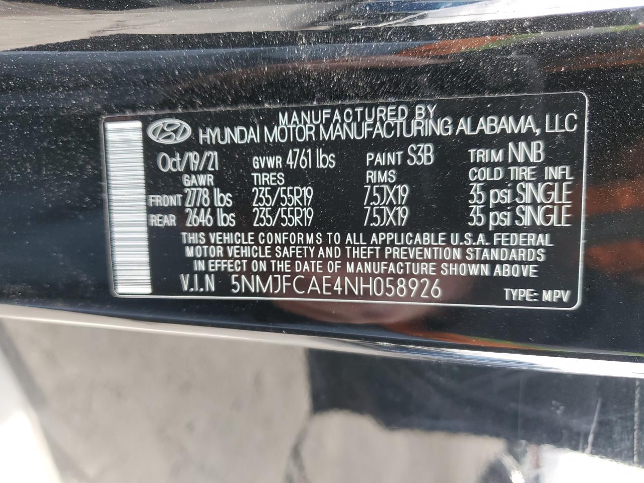 2022 HYUNDAI TUCSON SEL VIN:5NMJFCAE4NH058926