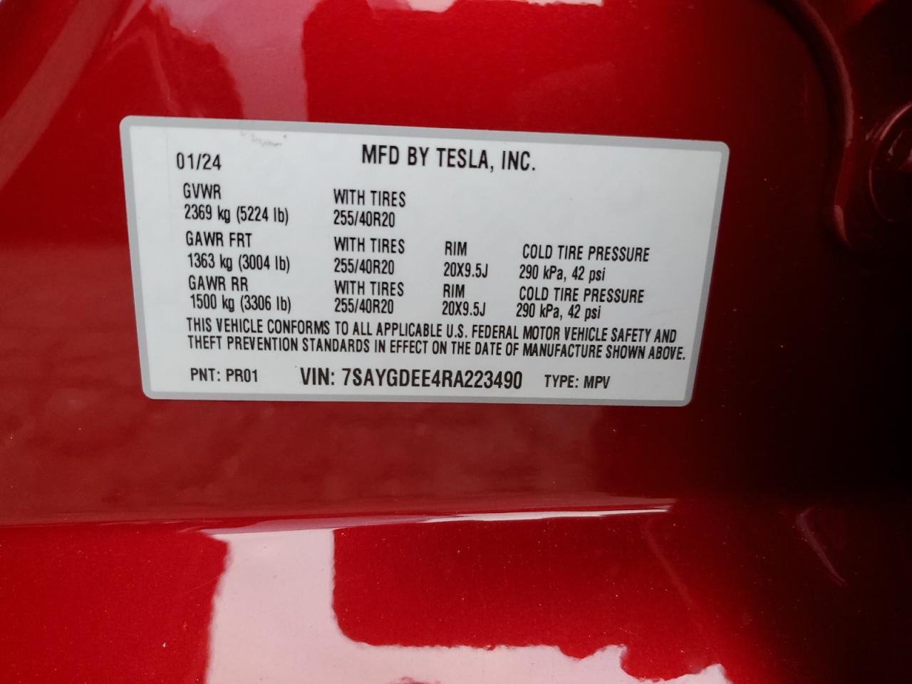2024 TESLA MODEL Y  VIN:7SAYGDEE4RA223490