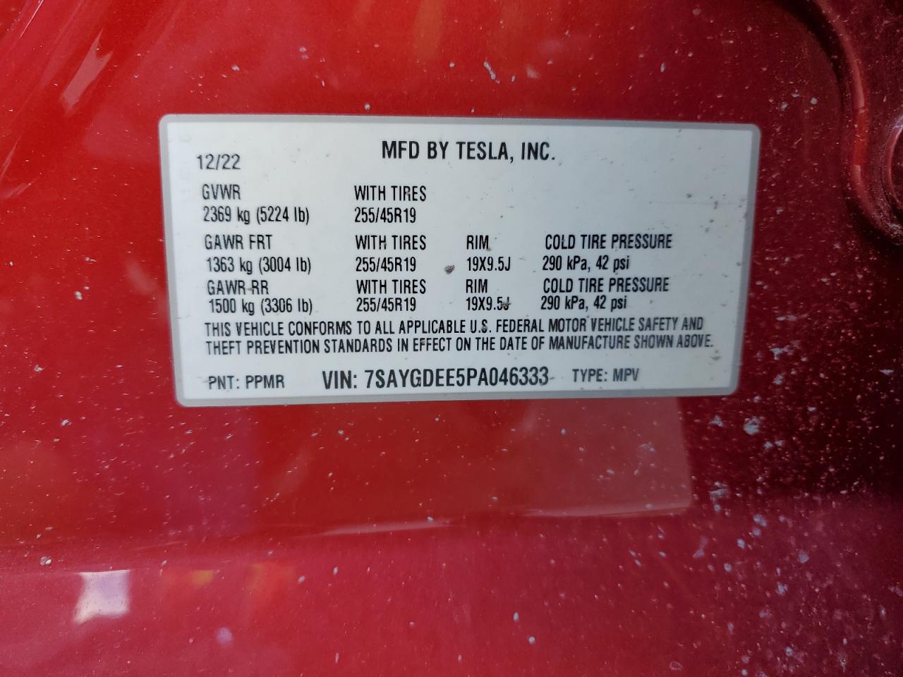 2023 TESLA MODEL Y VIN:7SAYGDEE5PA046333