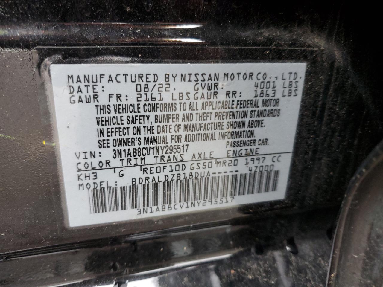 2022 NISSAN SENTRA SV VIN:3N1AB8CV1NY295517