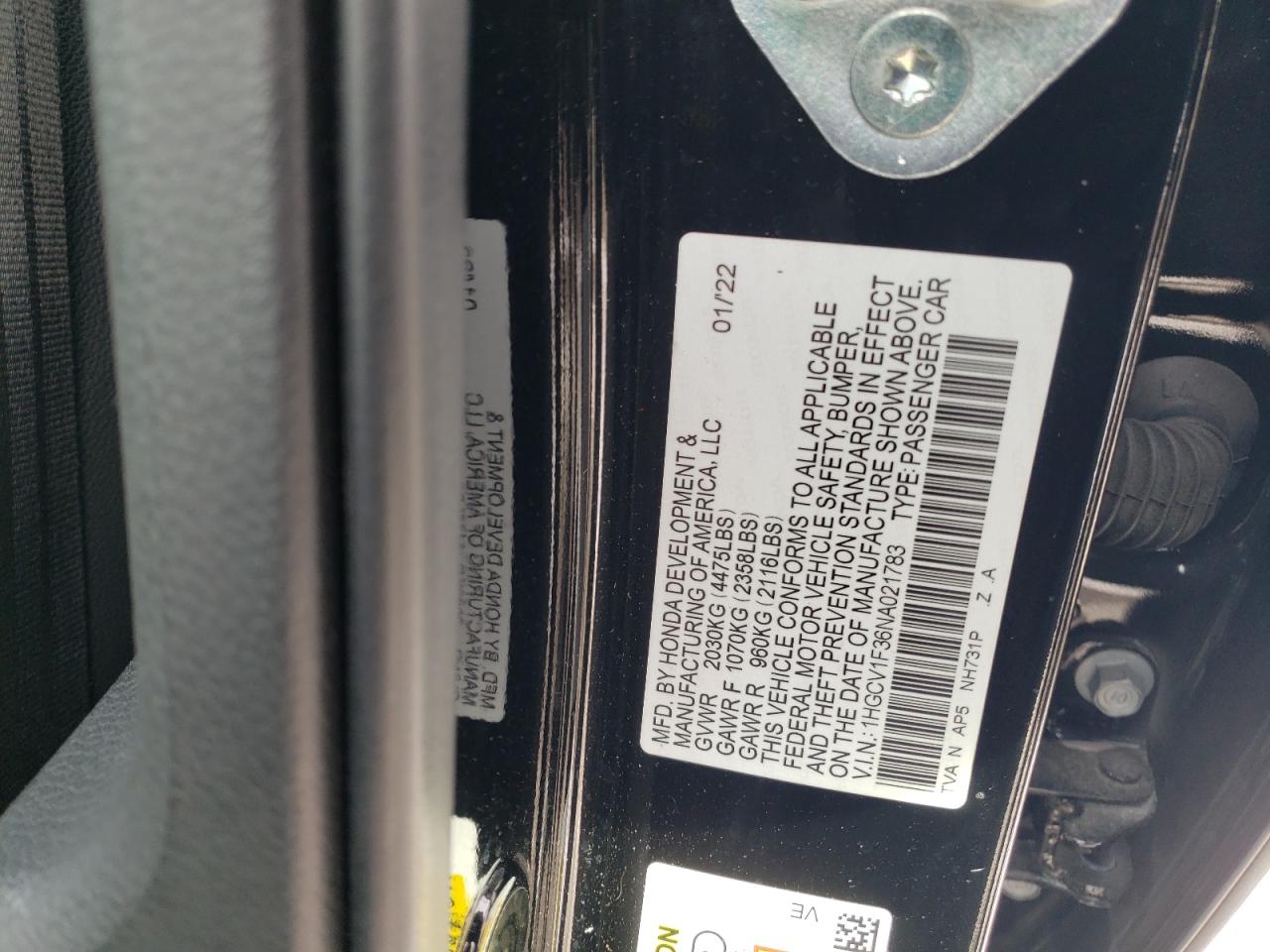 2022 HONDA ACCORD SPORT VIN:JTMBFREV4FD141753