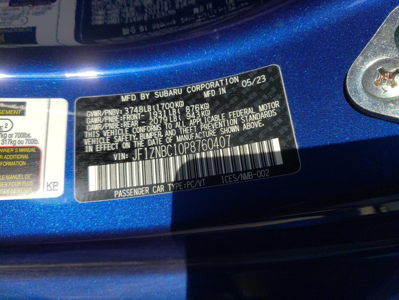 2023 TOYOTA GR 86  VIN:JF1ZNBC10P8760407