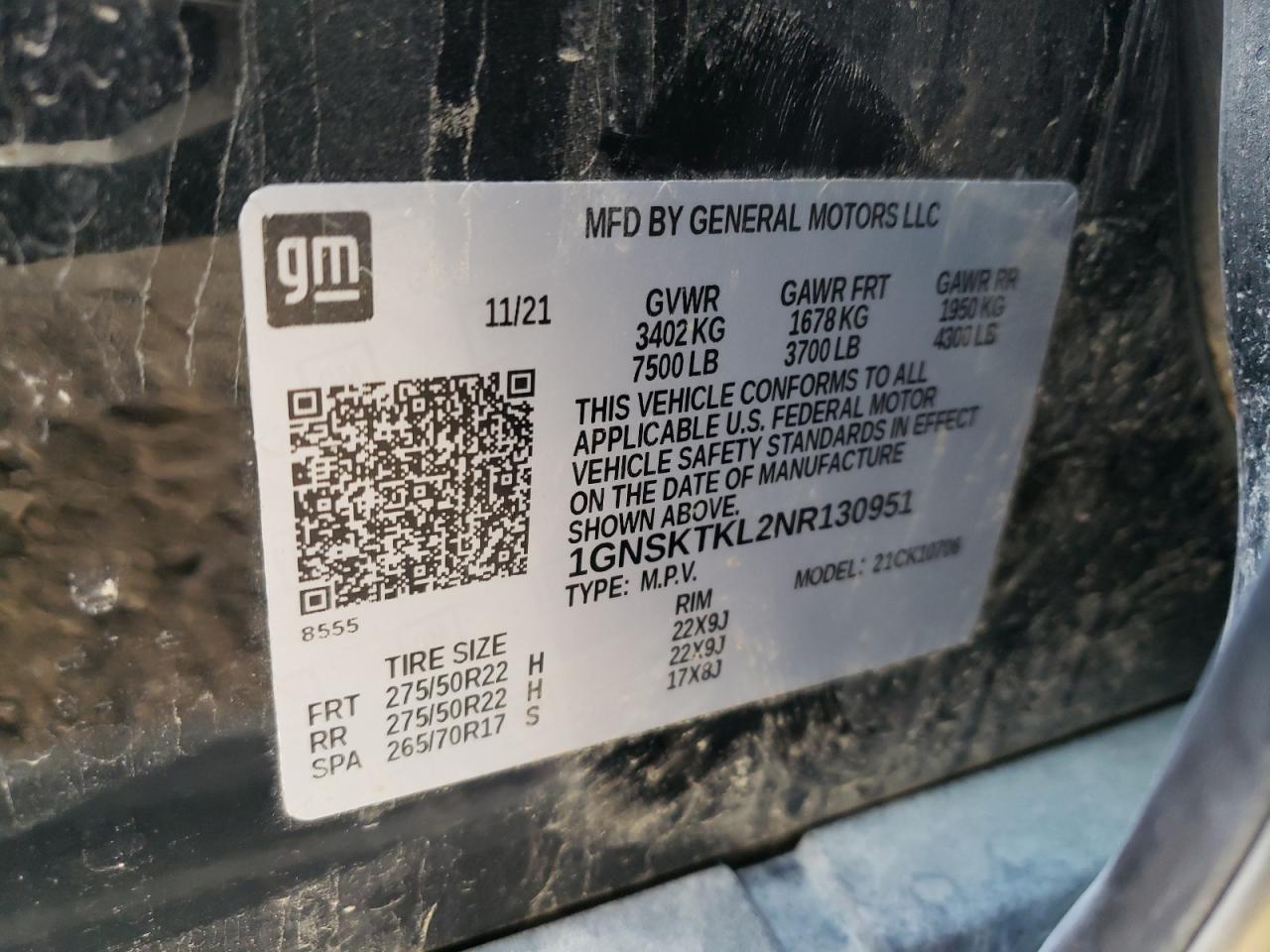 2022 CHEVROLET TAHOE K1500 HIGH COUNTRY VIN:1GNSKTKL2NR130951