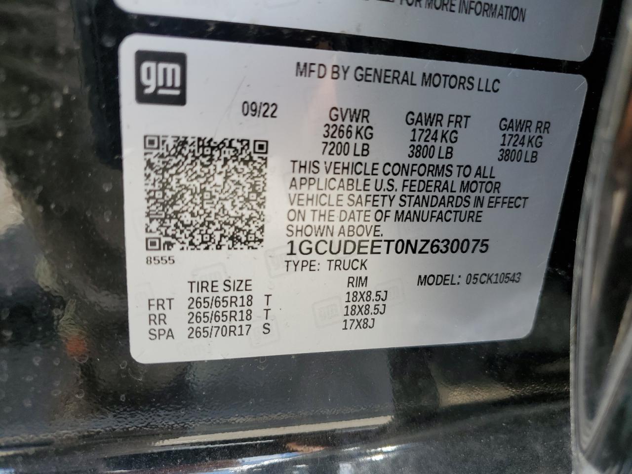 2022 CHEVROLET SILVERADO K1500 RST VIN:1GCUDEET0NZ630075