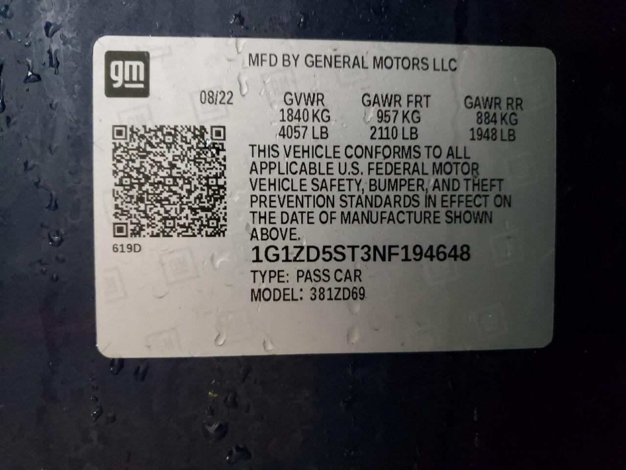 2022 CHEVROLET MALIBU LT VIN:1G1ZD5ST3NF194648