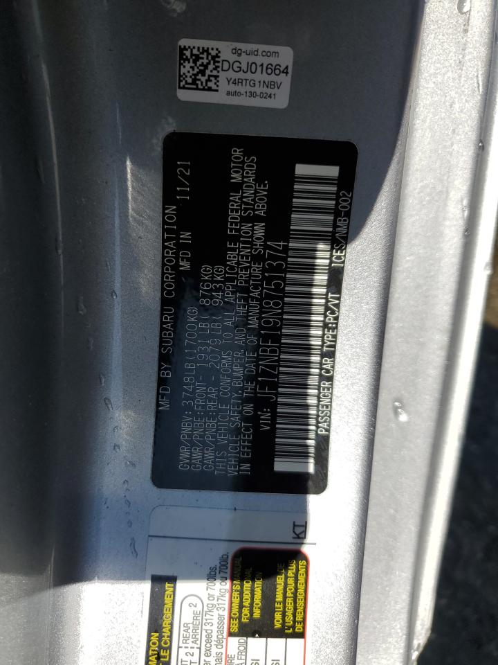 2022 TOYOTA GR 86 PREMIUM VIN:JF1ZNBF19N8751374