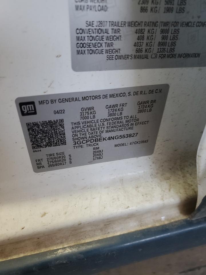 2022 CHEVROLET SILVERADO K1500 CUSTOM VIN:3GCPDBEK4NG553827