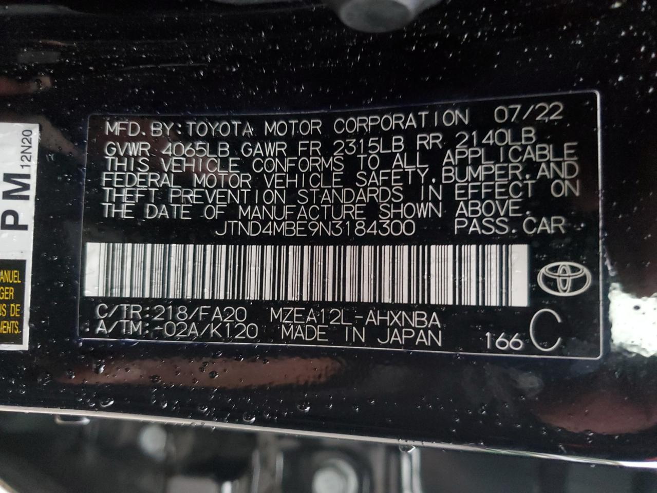 2022 TOYOTA COROLLA SE VIN:JTND4MBE9N3184300