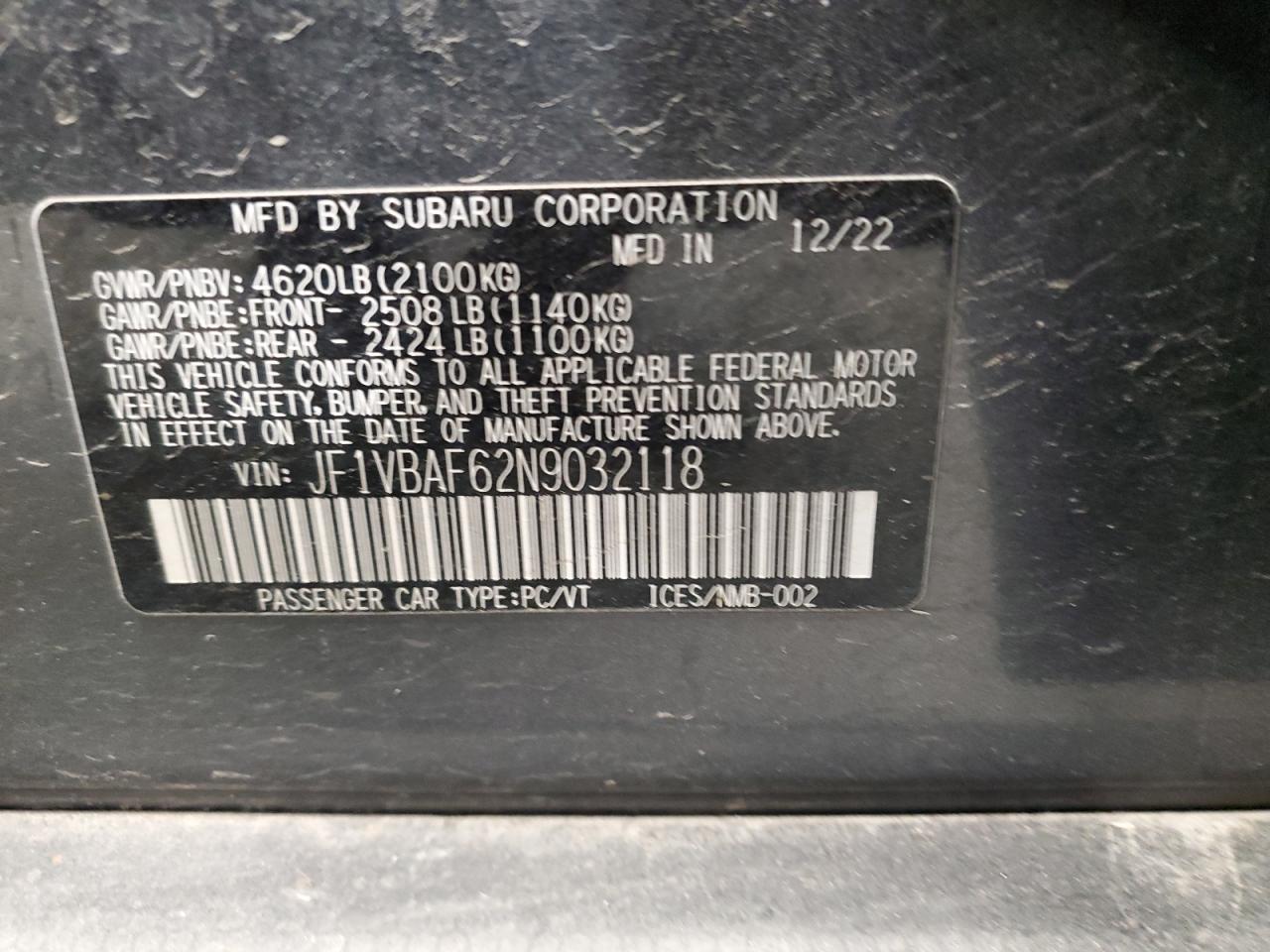 2022 SUBARU WRX PREMIUM VIN:JF1VBAF62N9032118