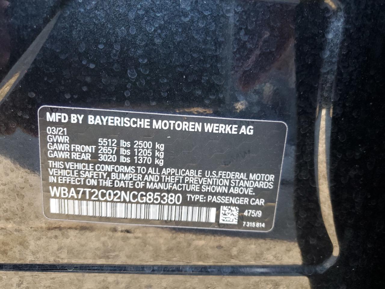 2022 BMW 740 I VIN:WBA7T2C02NCG85380