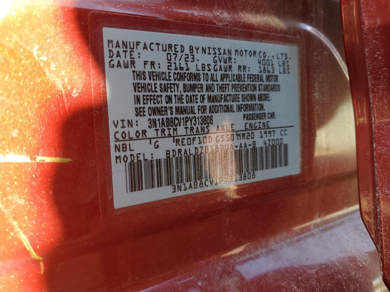 2023 NISSAN SENTRA SV VIN:3N1AB8CV1PY313808