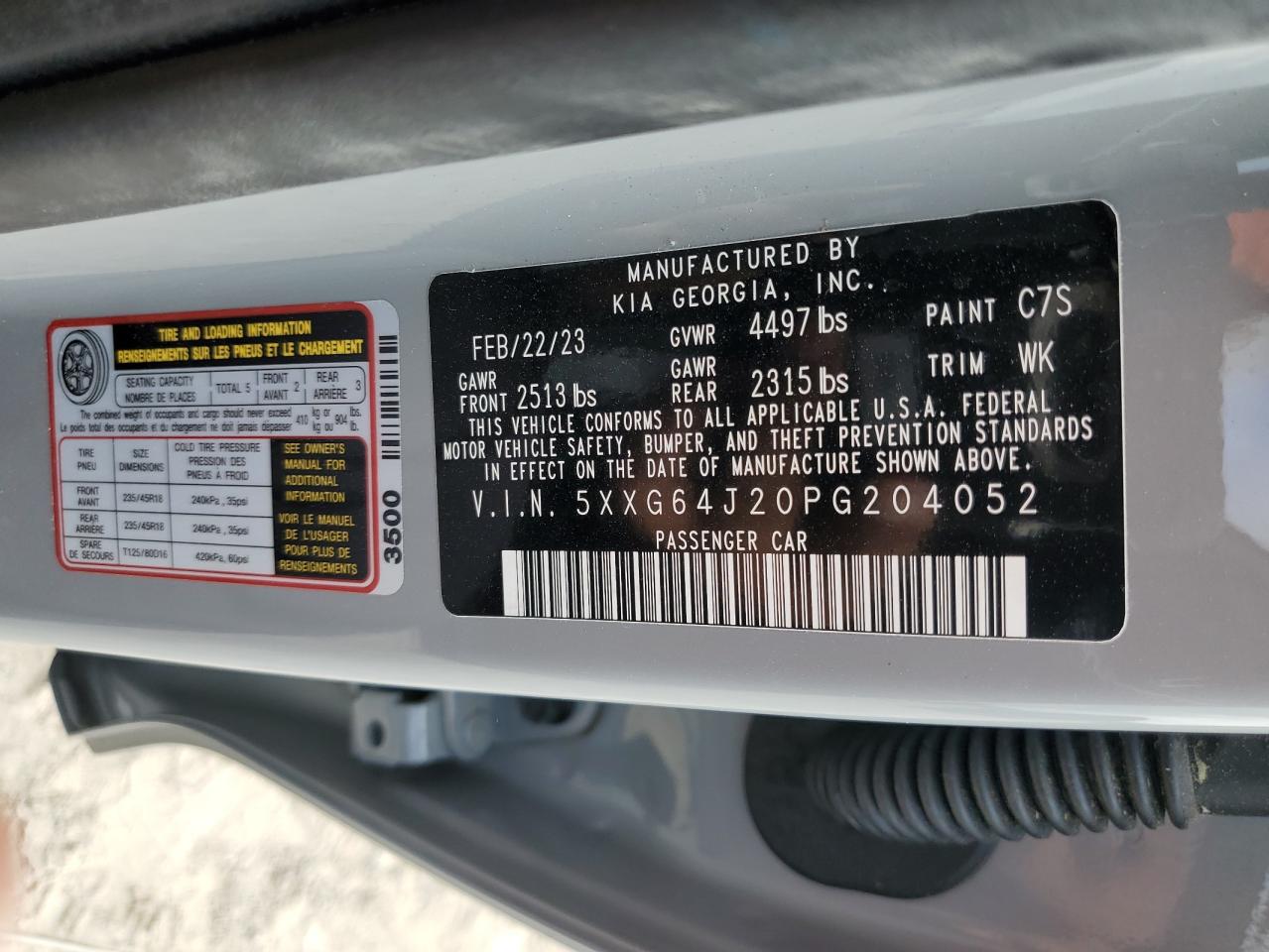 2023 KIA K5 GT LINE VIN:5XXG64J20PG204052