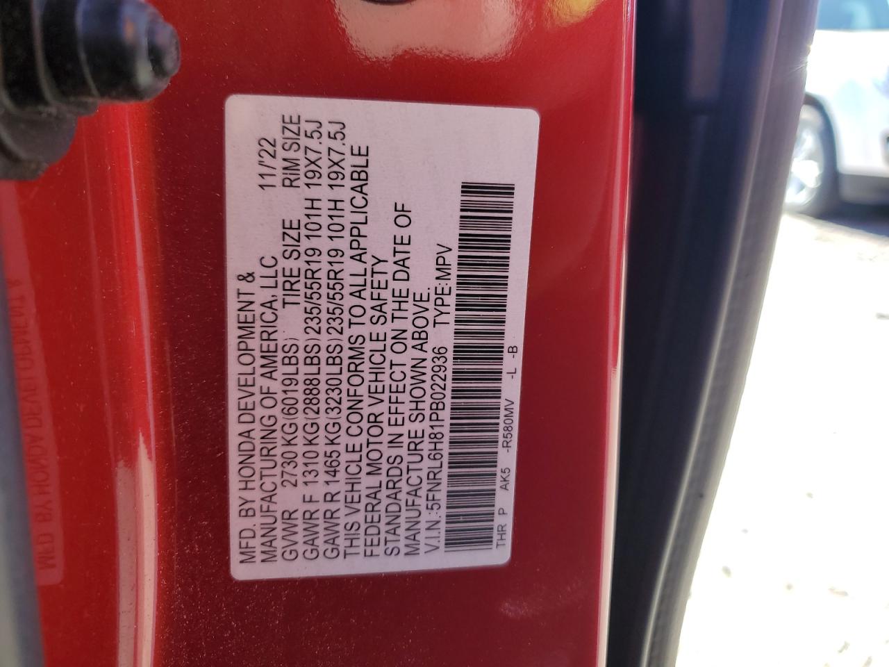 2023 HONDA ODYSSEY TOURING VIN:5FNRL6H81PB022936