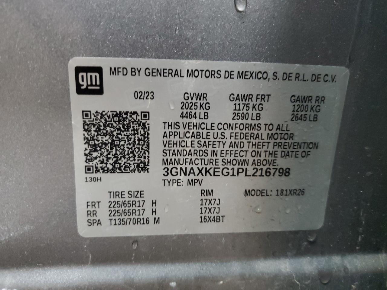 2023 CHEVROLET EQUINOX LT VIN:3GNAXKEG1PL216798