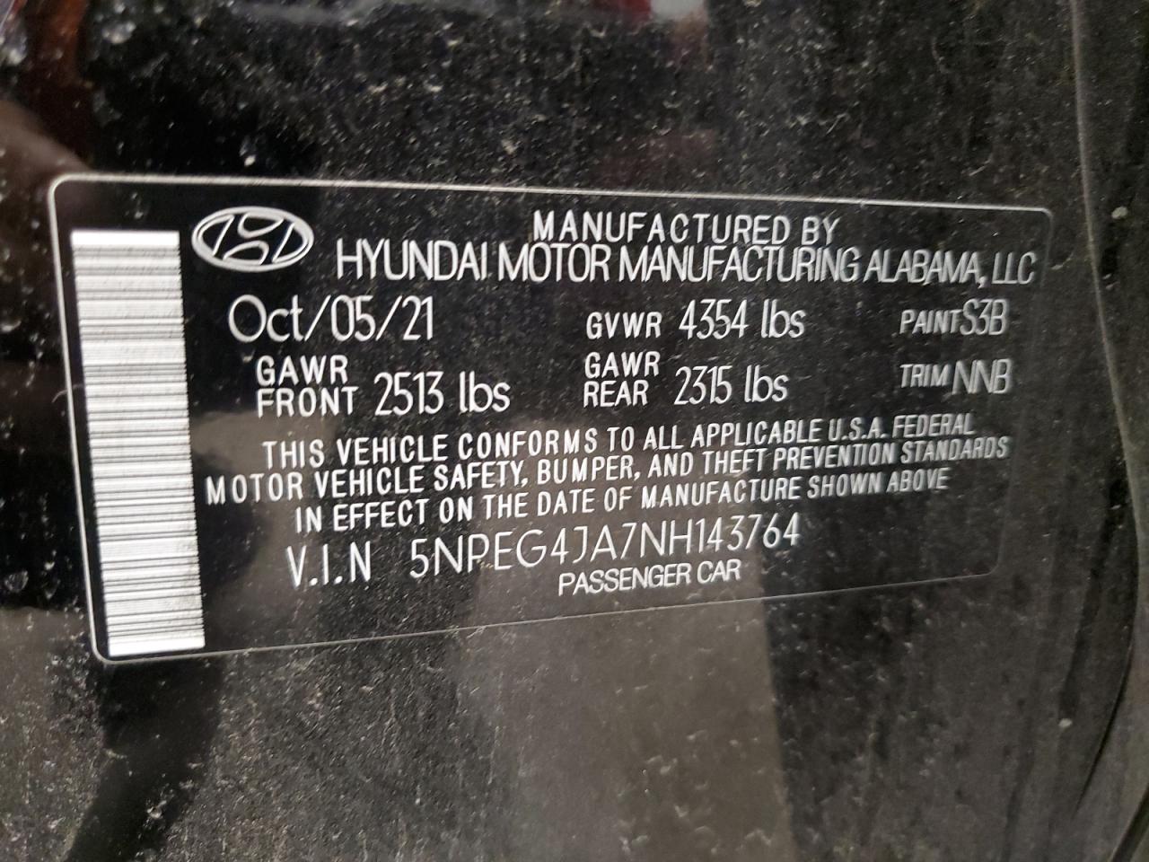 2022 HYUNDAI SONATA SE VIN:5NPEG4JA7NH143764