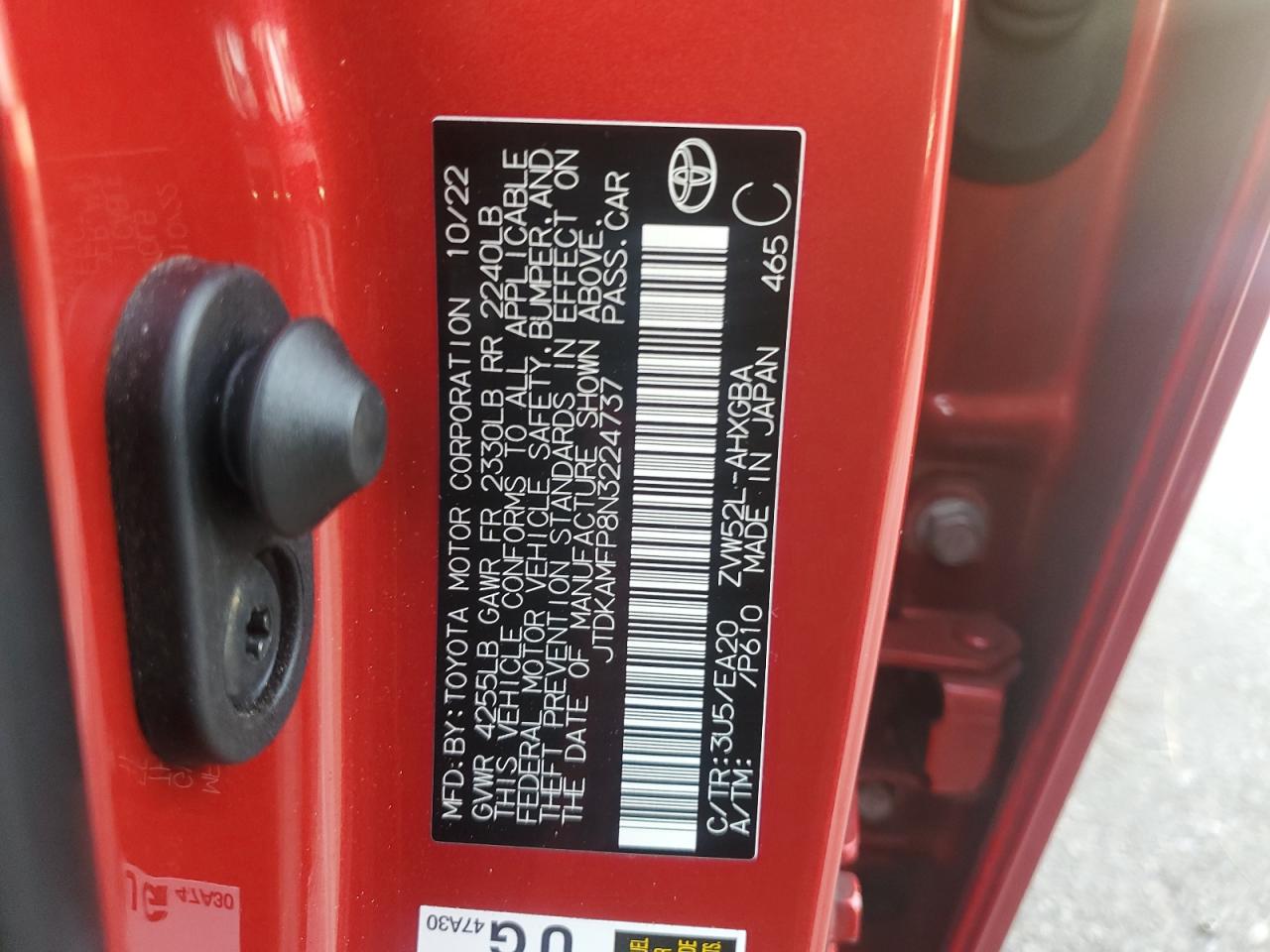 2022 TOYOTA PRIUS PRIME LE VIN:JTDKAMFP8N3224737