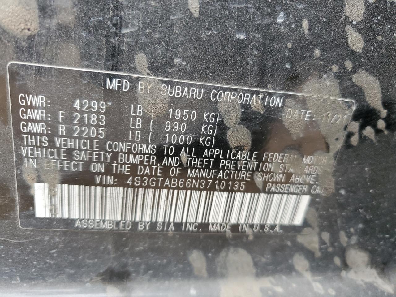 2022 SUBARU IMPREZA  VIN:4S3GTAB66N3710135