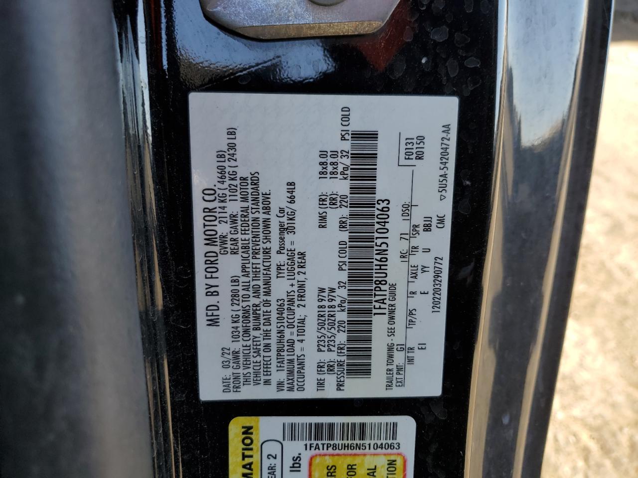 2022 FORD MUSTANG  VIN:1FATP8UH6N5104063