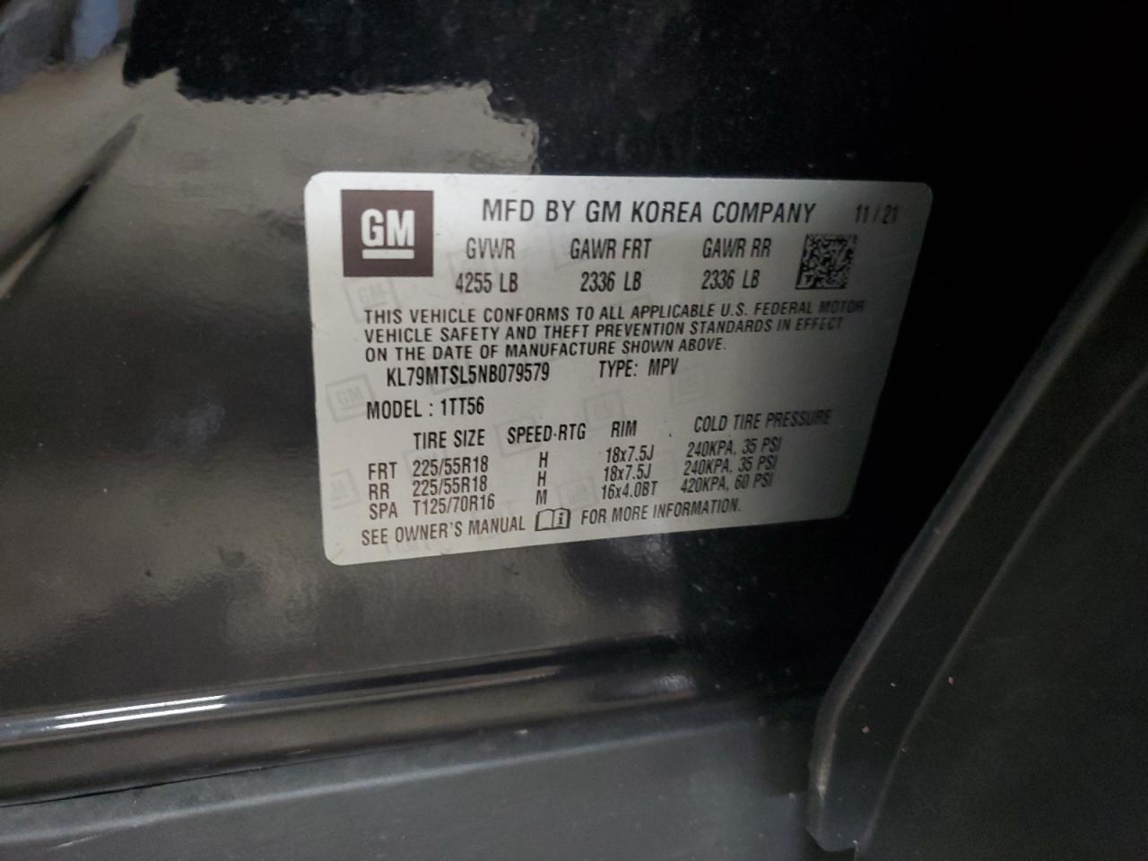 2022 CHEVROLET TRAILBLAZER RS VIN:KL79MTSL5NB079579