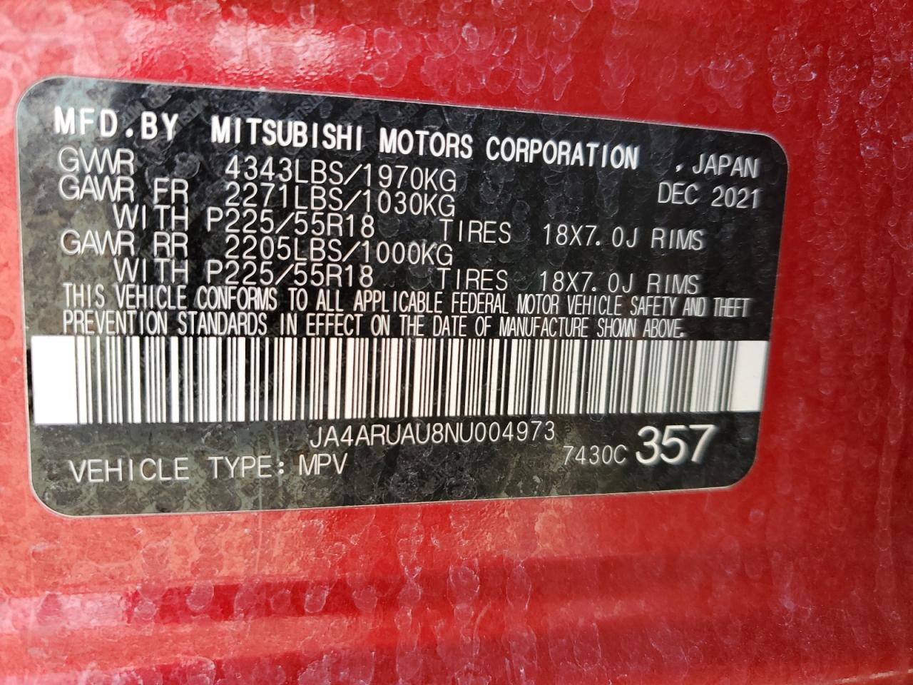 2022 MITSUBISHI OUTLANDER SPORT ES VIN:JA4ARUAU8NU004973