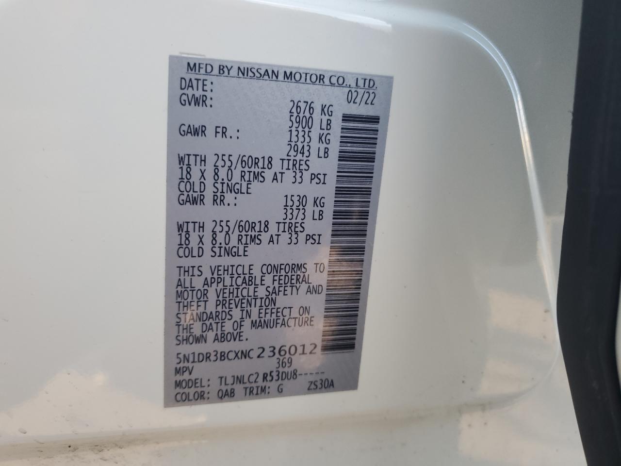2022 NISSAN PATHFINDER SV VIN:5N1DR3BCXNC236012