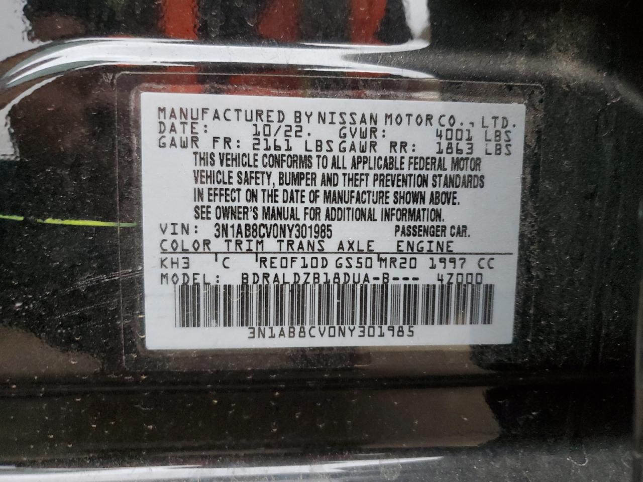 2022 NISSAN SENTRA SV VIN:3N1AB8CV0NY301985