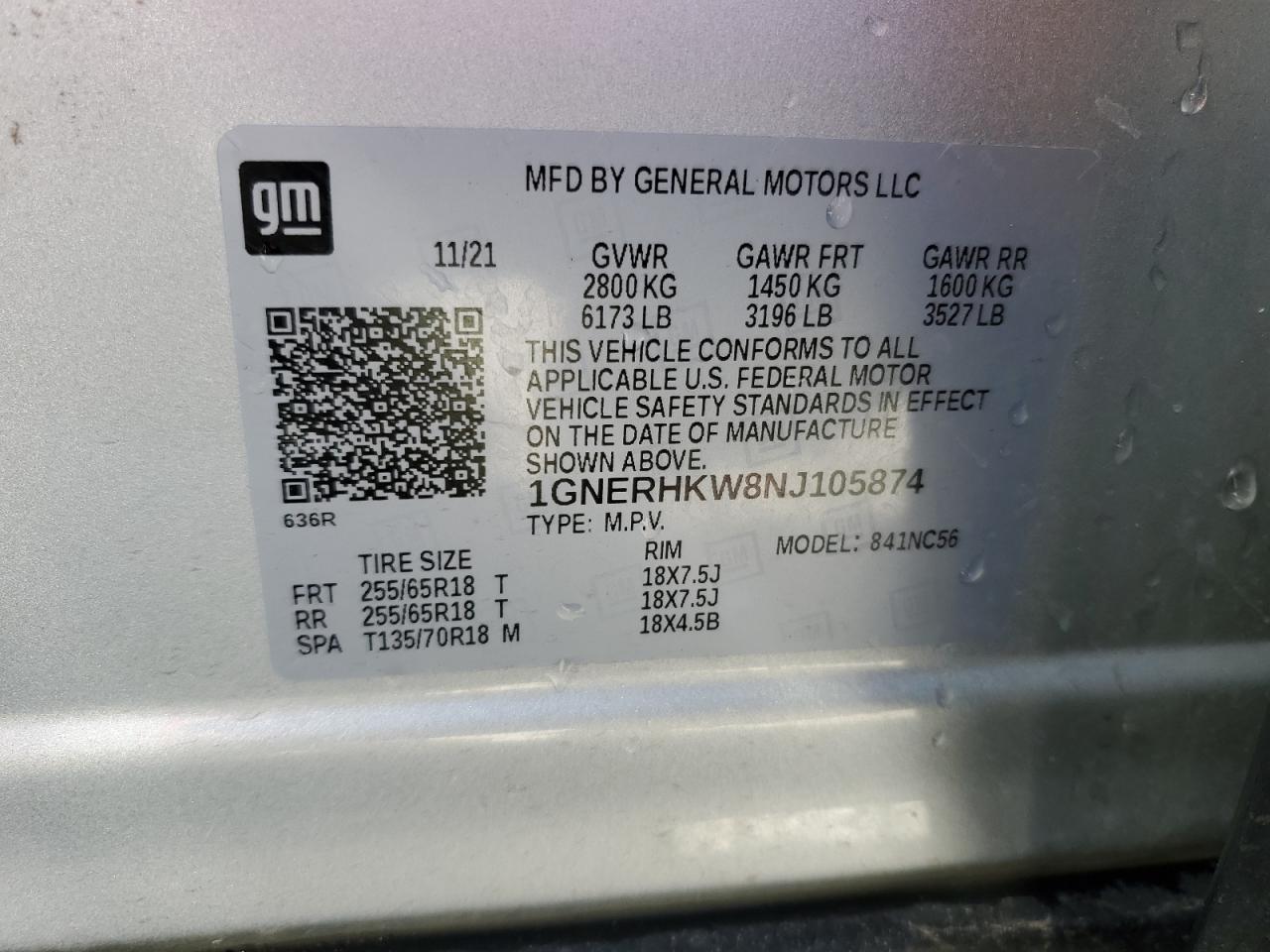 2022 CHEVROLET TRAVERSE LT VIN:1GNERHKW8NJ105874