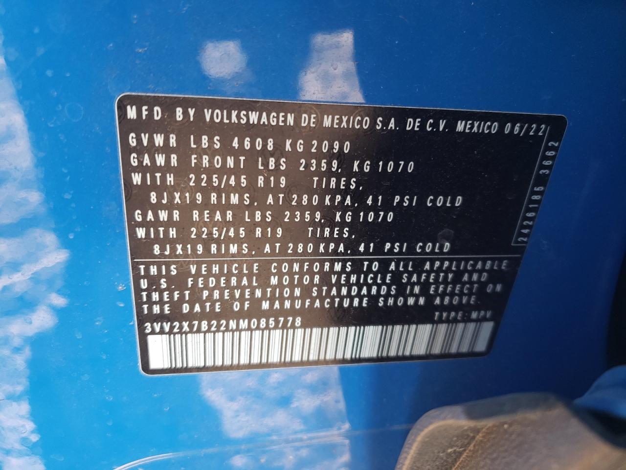 2022 VOLKSWAGEN TAOS SEL VIN:3VV2X7B22NM085778