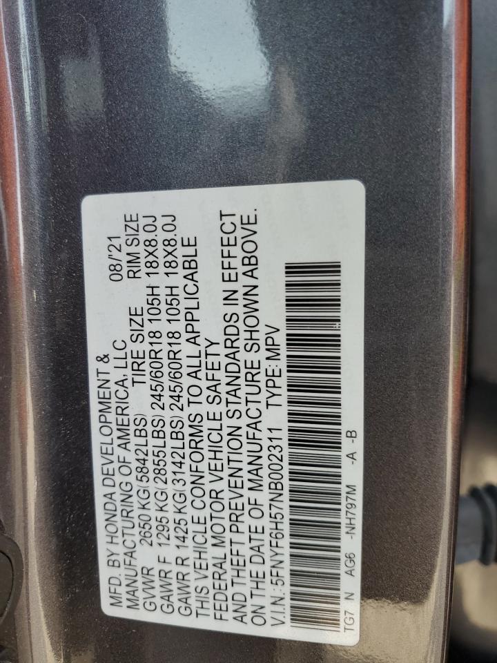 2022 HONDA PILOT EXL VIN:5FNYF6H57NB002311