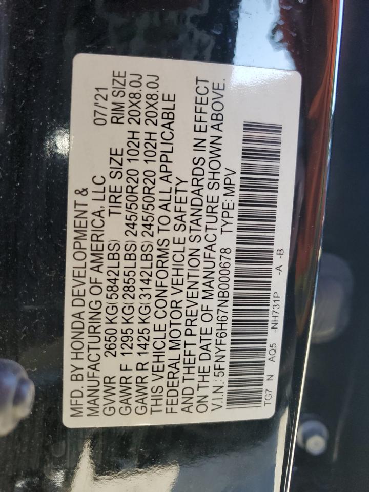 2022 HONDA PILOT TOURING VIN:5FNYF6H67NB000678