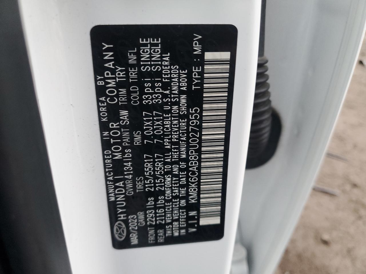 2023 HYUNDAI KONA SEL VIN:KM8K6CAB8PU027955