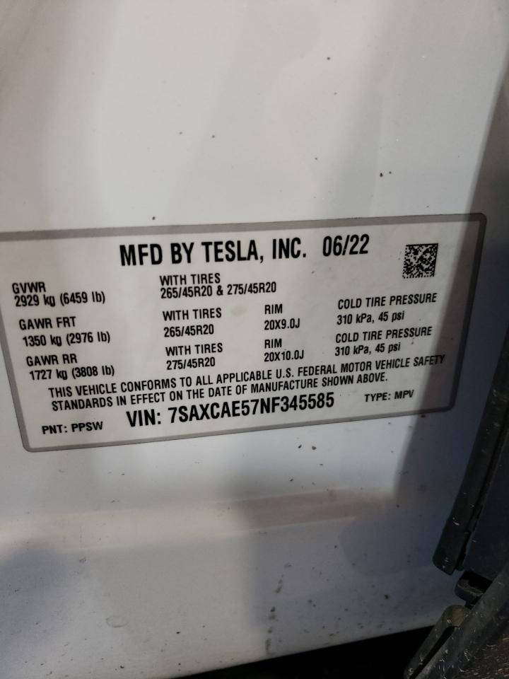 2022 TESLA MODEL X  VIN:7SAXCAE57NF345585