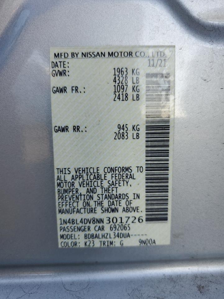 2022 NISSAN ALTIMA SV VIN:1N4BL4DV8NN301726