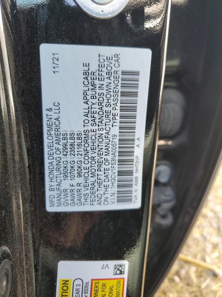 2022 HONDA ACCORD EXL VIN:1HGCV1F53NA005719