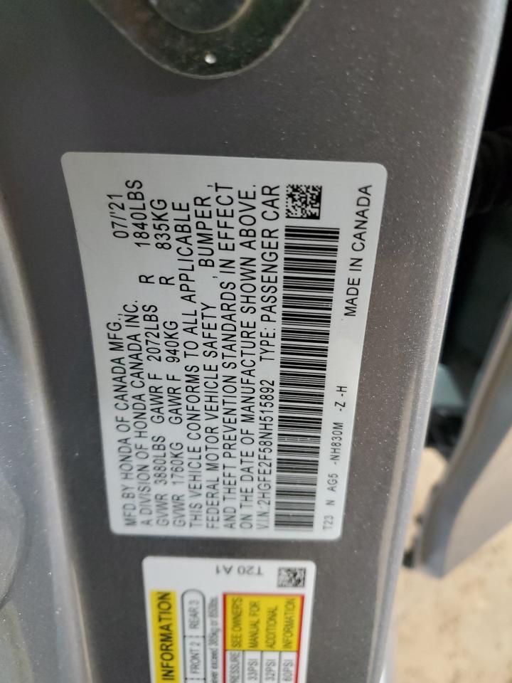 2022 HONDA CIVIC SPORT VIN:2HGFE2F58NH515892