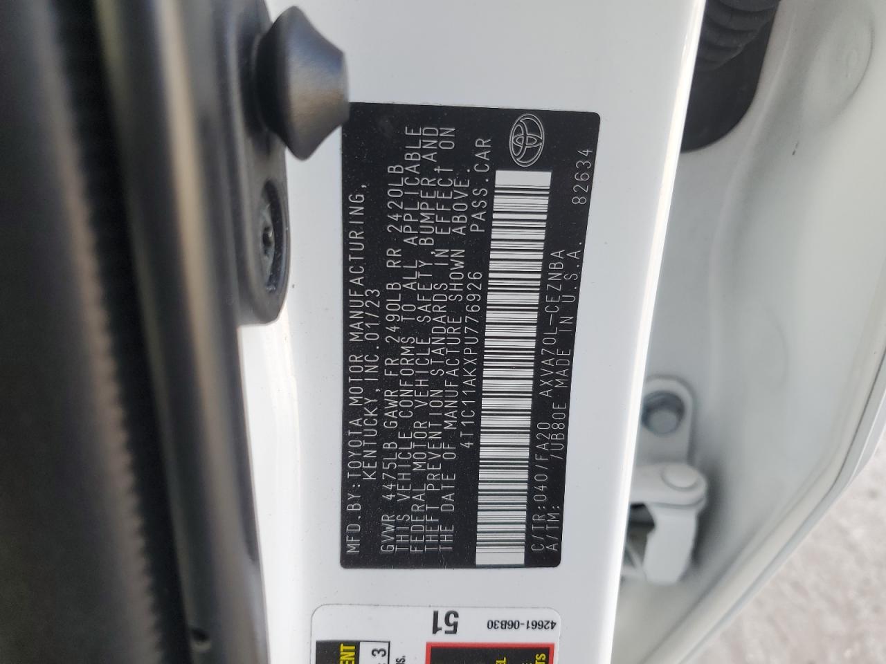 2023 TOYOTA CAMRY LE VIN:4T1C11AKXPU776926