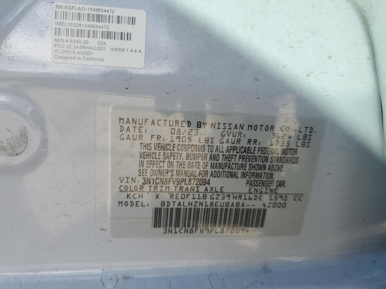 2023 NISSAN VERSA SR VIN:3N1CN8FV9PL872094