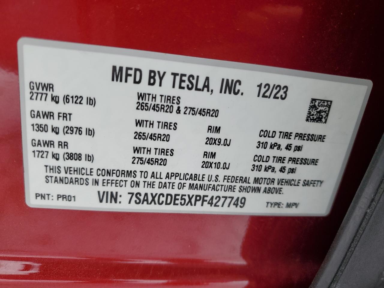 2023 TESLA MODEL X  VIN:7SAXCDE5XPF427749