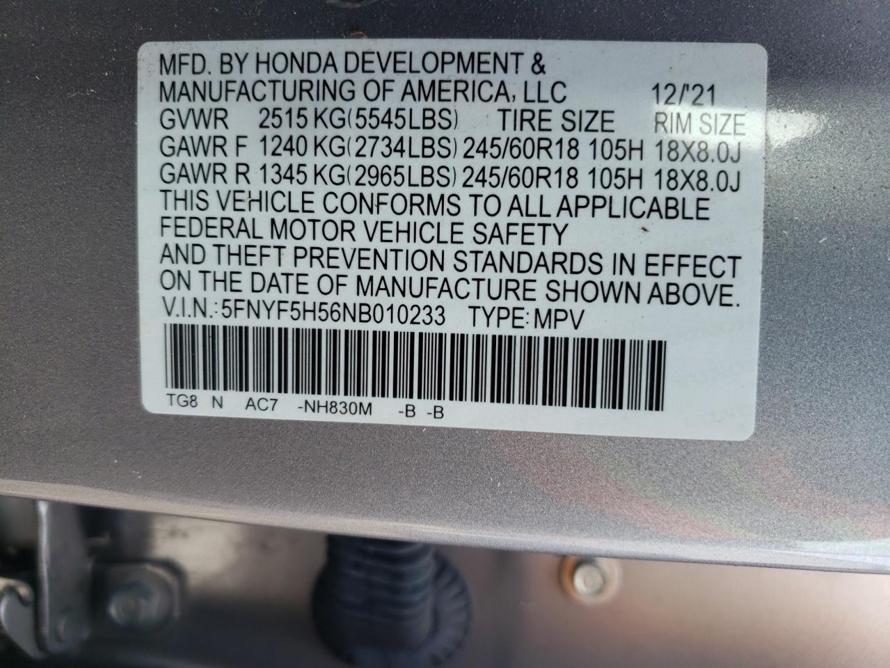 2022 HONDA PILOT EXL VIN:5FNYF5H56NB010233
