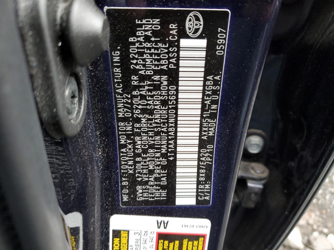 2022 TOYOTA AVALON XLE VIN:4T1AA1ABXNU015690