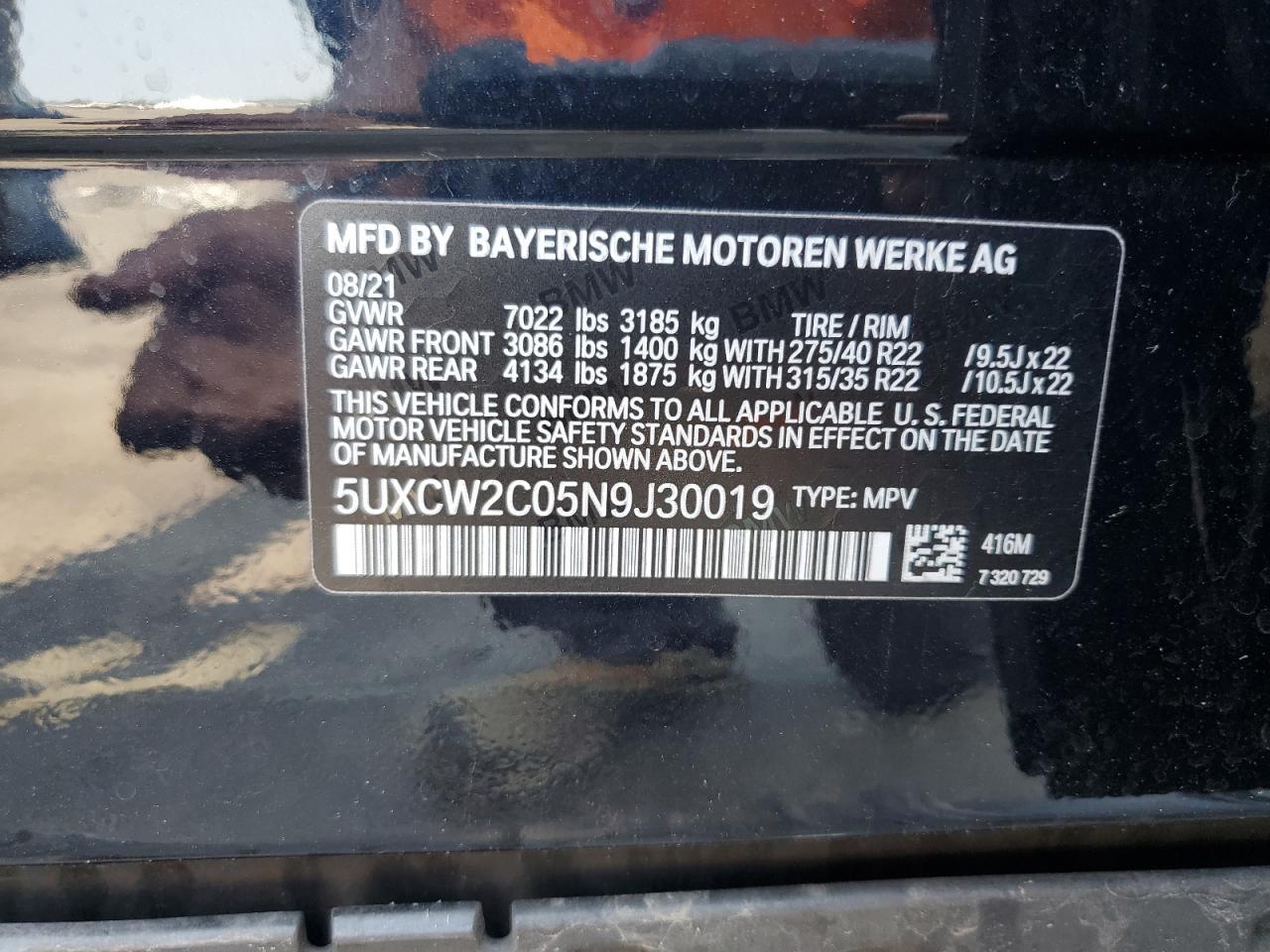 2022 BMW X7 XDRIVE40I VIN:5UXCW2C05N9J30019