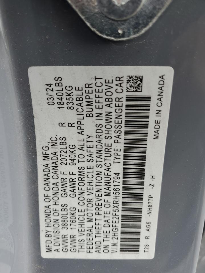 2024 HONDA CIVIC SPORT VIN:2HGFE2F5XRH561794