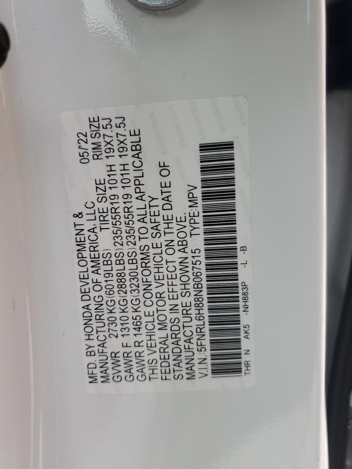 2022 HONDA ODYSSEY TOURING VIN:5FNRL6H88NB067515