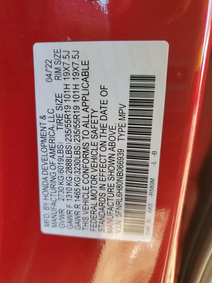 2022 HONDA ODYSSEY TOURING VIN:5FNRL6H80NB066939