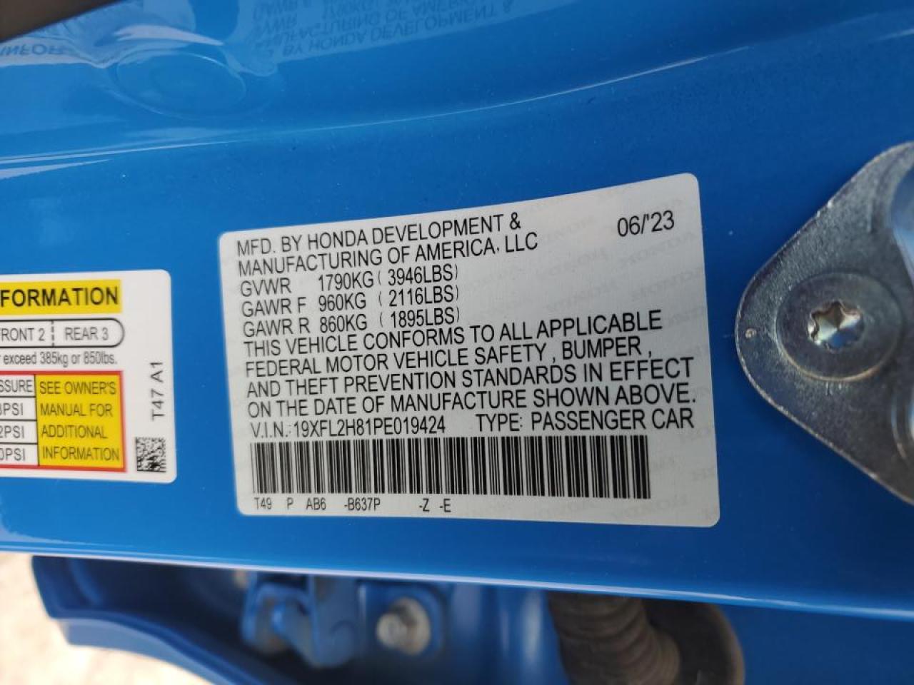 2023 HONDA CIVIC SPORT VIN:19XFL2H81PE019424
