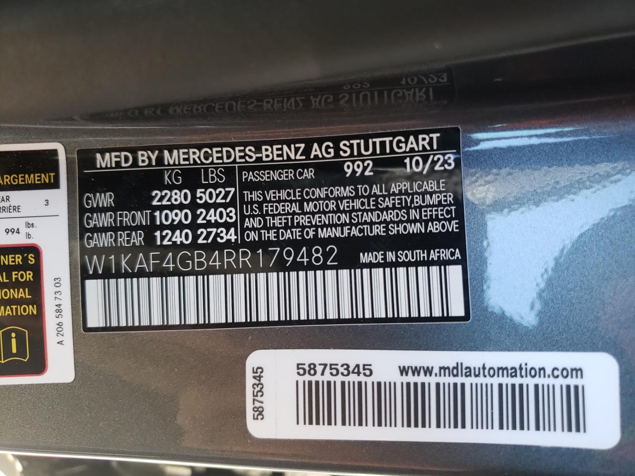 2024 MERCEDES-BENZ C 300 VIN:W1KAF4GB4RR179482