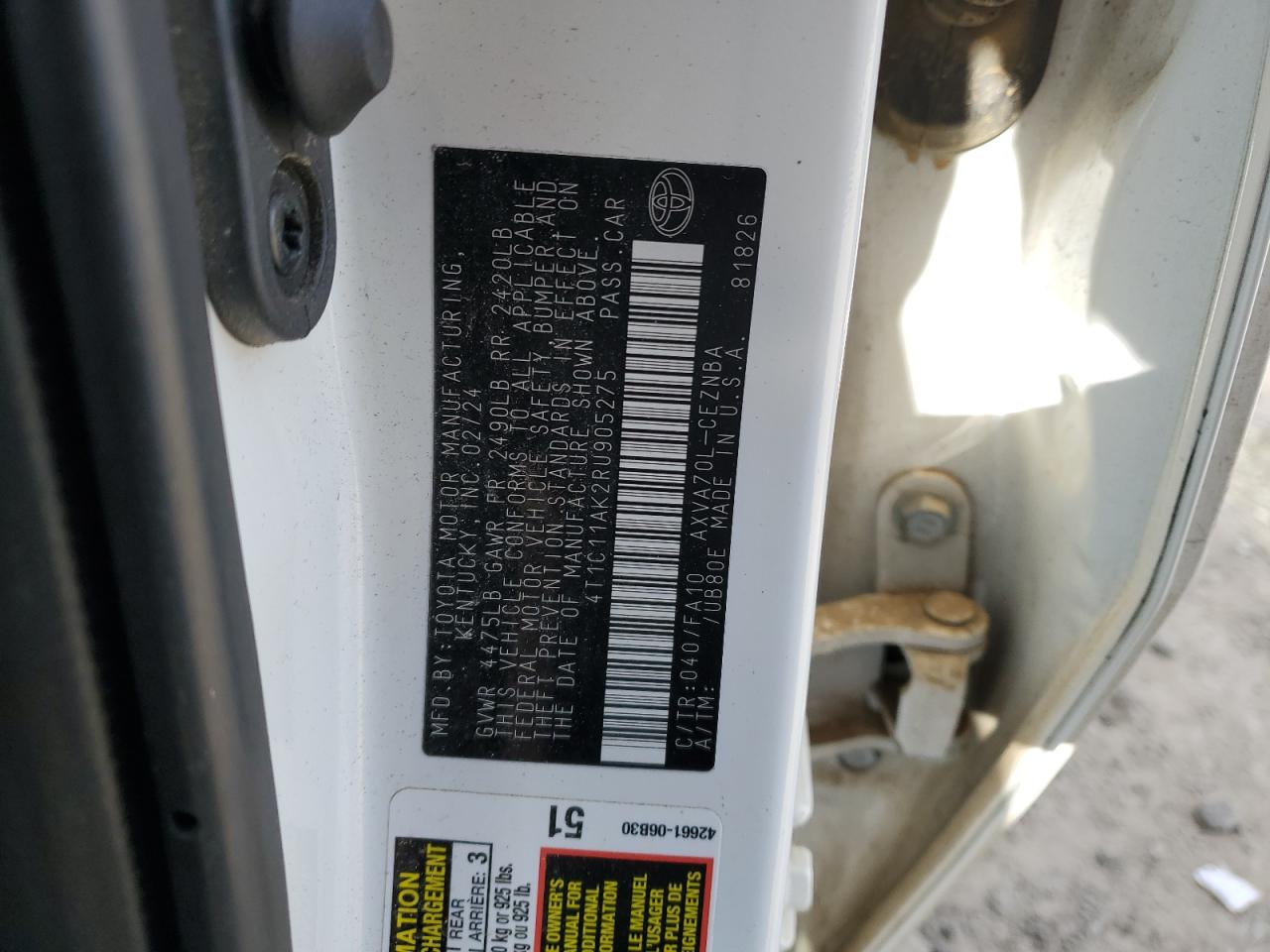 2024 TOYOTA CAMRY LE VIN:4T1C11AK2RU905275